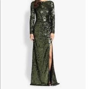 Badgley Mischka V-back emerald green sequin gown